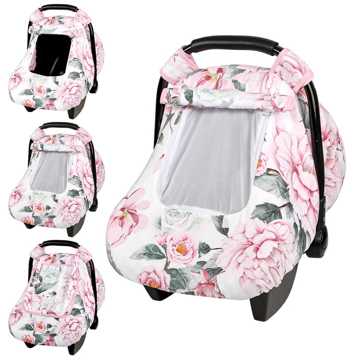 Floral Baby Carseat Cover Girls,  Infant Car Seat Covers Canopy for Newborn with 2 Layers Windows of Breathable Mesh/Fabric, Lightweight Polyester/Minky Dot Backing, Snug Fit Most Baby Car Seat