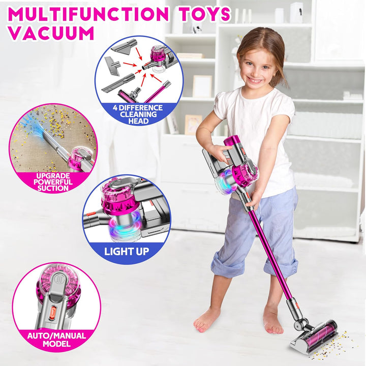 4-In-1 Kids Toy Vacuum That Really Works, Toddler Pretend Play Cleaning Set with Real Suction, Toys Working Cleaner Birthday Idea for 3 4 5 6 7+ Year Girl Boy (Rose Red)