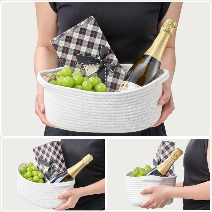 Gift Basket with Wrap Bag & Ribbon – Empty Small Woven Basket (12"X8"X5"), Cute Decorative Storage Organizer for Baby Showers, Pets, Toys, Shelves and More – White