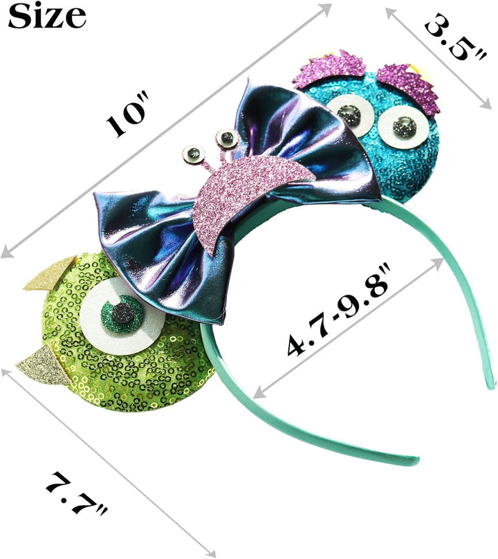 Monsters Mouse Ears for Party - Multicolored Sulley Sequin Blue Ears Photo Prop, Green Mr.Q Ears for Boy Theme Park, (1Pc)