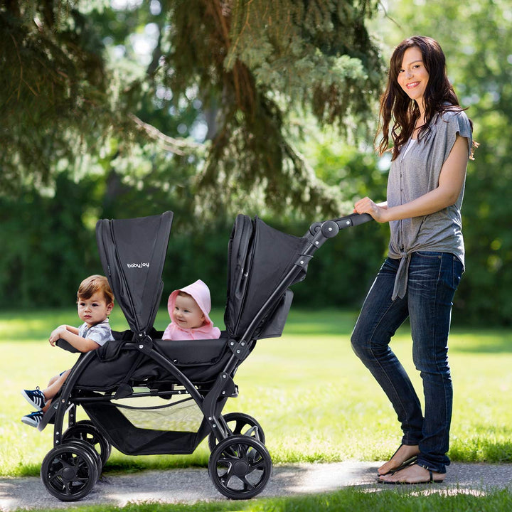 Double Stroller, Foldable Lightweight Twin Stroller with Tandem Seating, Adjustable Backrest/Canopy/Footrest, 5-Point Harness, Storage Basket, Newborn and Toddler (Black)