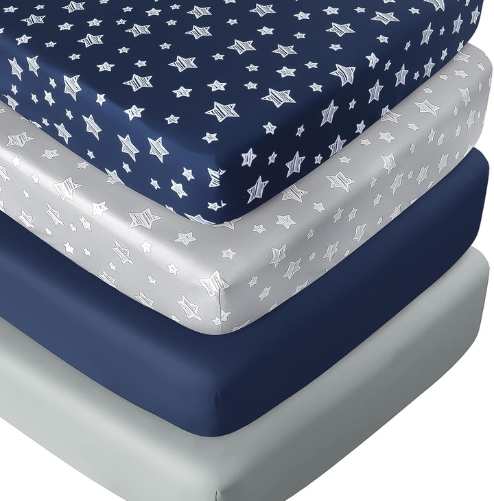 Pack and Play Sheets Boys, 4 Pack Mini Crib Sheets, Stretchy Pack and Play Playard Fitted Sheet, Compatible with Graco Pack N Play, Soft and Breathable Material, Navy