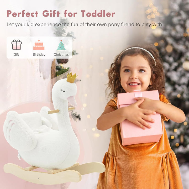 Kids Rocking Horse White Swan, Stuffed Animal Wooden Rocker for Children 6 Months Boys and Girls/Nursery Christmas, Birthday Gift (Rocking Swan)