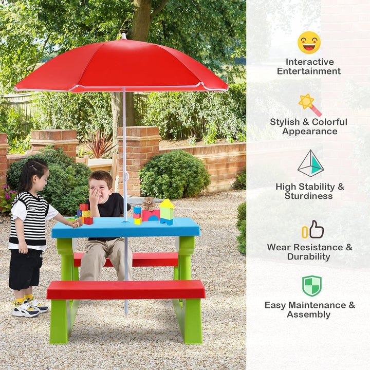 Kids Picnic Table, Toddler Picnic Table with Removable & Foldable Umbrella, Plastic Children Patio Furniture for Garden Backyard, Kids Outdoor Table, Red, Blue & Green