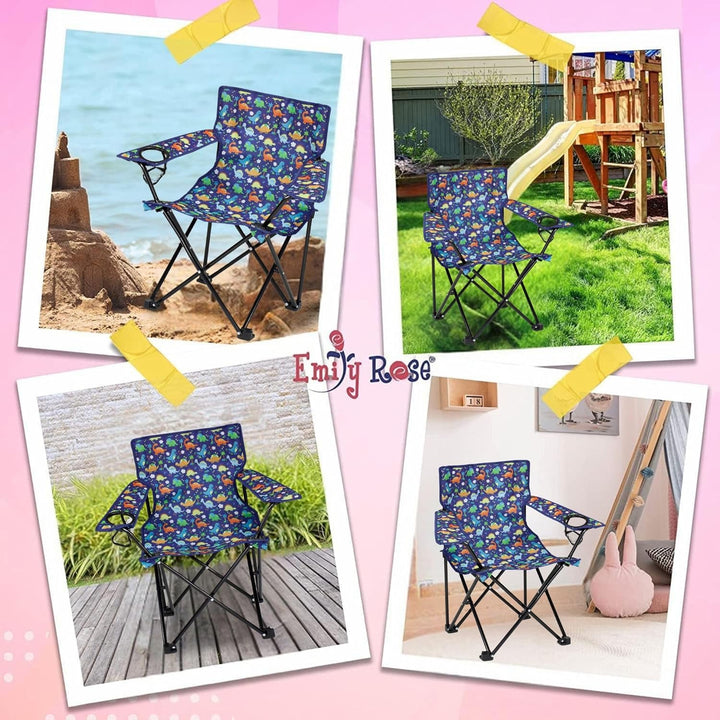 Kids Folding Beach Camping Chair Chair with Safety Lock, Cup Holder & Carry Case - Boys Girls Small Toddler Tailgate, Travel, Lawn Chair for Indoor & Outdoor (Playful Dinosaurs)