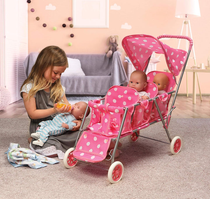 Triple Doll Stroller for Dolls - Lightweight and Foldable Toy Pram with Canopy - Fun Pretend Play for Kids in Stylish Pink with Polka Dots