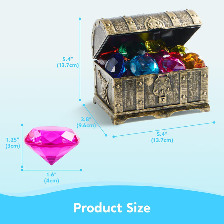 Diving Gems Pool Toys, 16 Big Colorful Diamond with Pirate Treasure Chest,Swim Dive Toy for Kids Underwater Gemstone Swimming Training Gift Water Pool Games(Gold)
