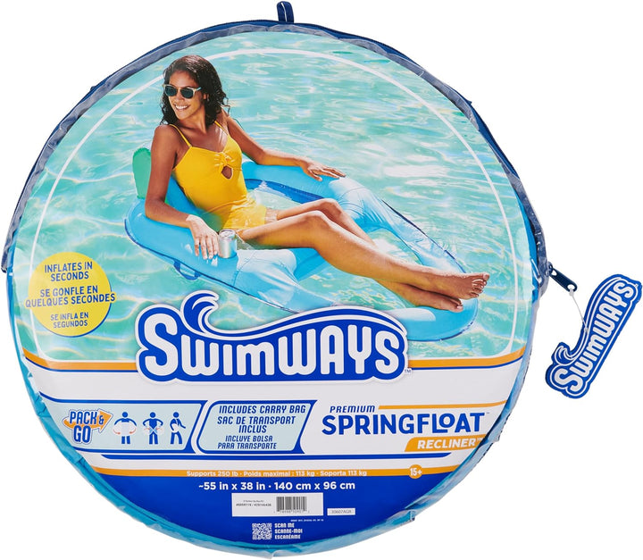 Spring Float Premium Recliner Pool Lounger, Inflatable Pool Floats Adult with Fast Inflation for Ages 15 & Up, Sky Blue