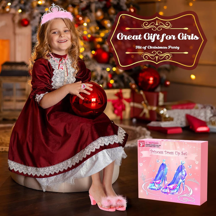 Princess Dress up Shoes Set, Toddler Pretend Jewelry Boutique Kit, Girls Role Play Dress up Toys, Princess Shoes Crown Necklace Earrings Ring Gift Set for Little Girls Aged 3-6 Years Old