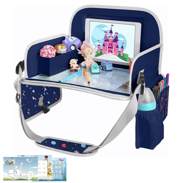 Kids Travel Tray for Toddler Car Seat, Lap Tray for Girl Activities with Dry Erase Board & Cooler Cup Holder, Road Trip Essentials Accessories with No-Drop Large Tablet Ipad Holder Stand,Pink
