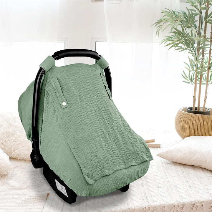 Muslin Car Seat Covers for Babies, Summer Baby Car Seat Cover for Boys Girls with Breathable Window, Lightweight Infant Car Seat Canopy, Green