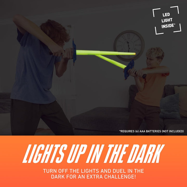 Nerf Duel Swords Set - Retractable Swords with Glow in the Dark Feature - Integrated Knockdown Targets - Kids Fencing Game, Green, Blue, Orange