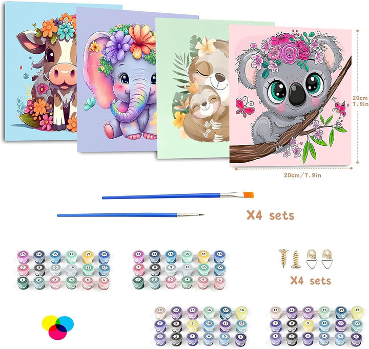 4 Pack Paint by Numbers for Kid Ages 4-8,Animals Paint by Number Kits for Kids, DIY Animal Oil Painting Suitable for Home Decoration (8X8Inch)