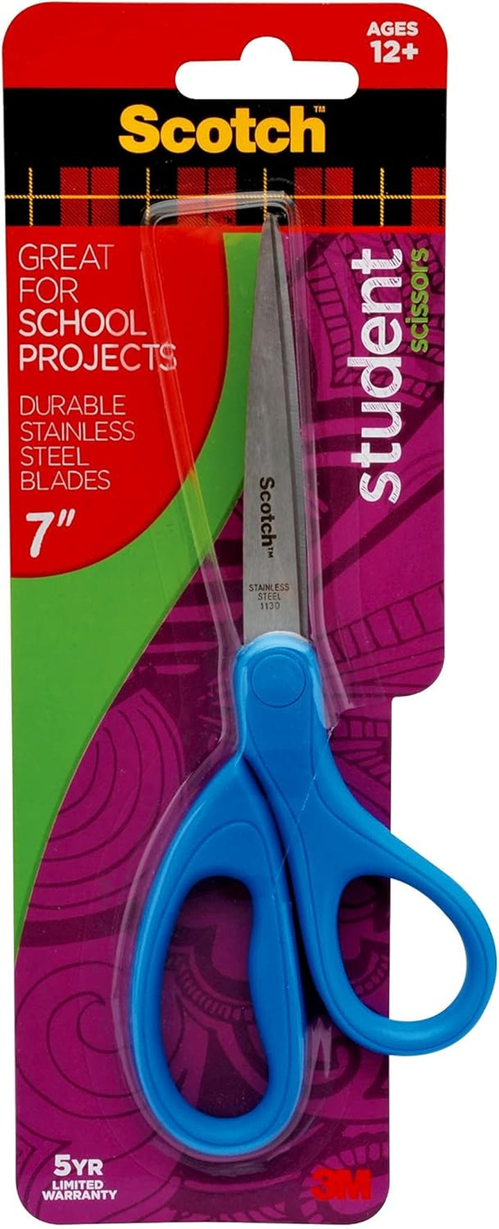 Student Scissors, 7-Inch - Blue, Green, or Purple, Colors May Vary (1407S-MIX)