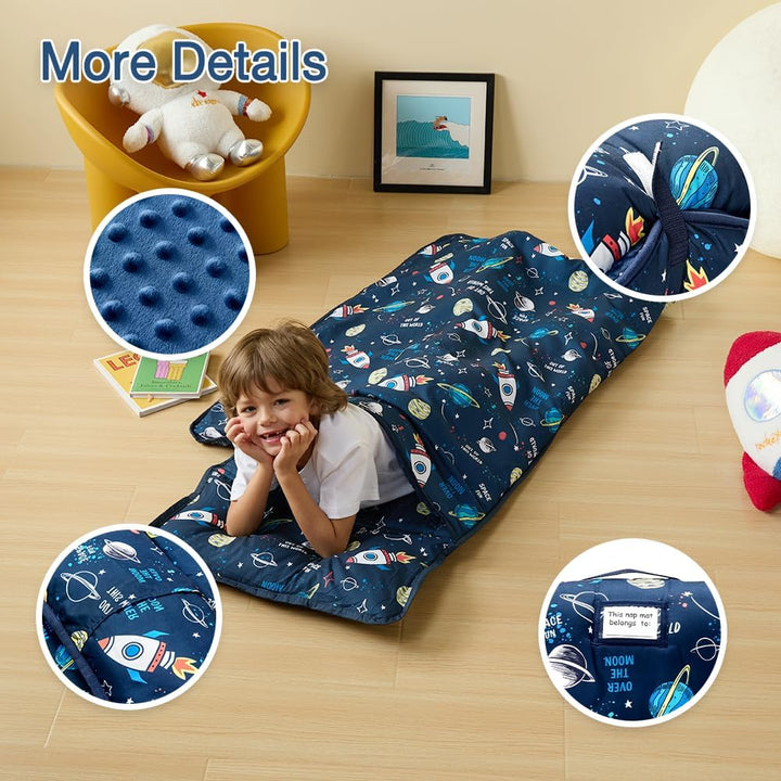 Toddler Nap Mat, Rollup Design Kid Sleeping Mat with Removable Pillow & Minky Blanket, Toddler Sleeping Bag for Daycare Preschool Travel Camping