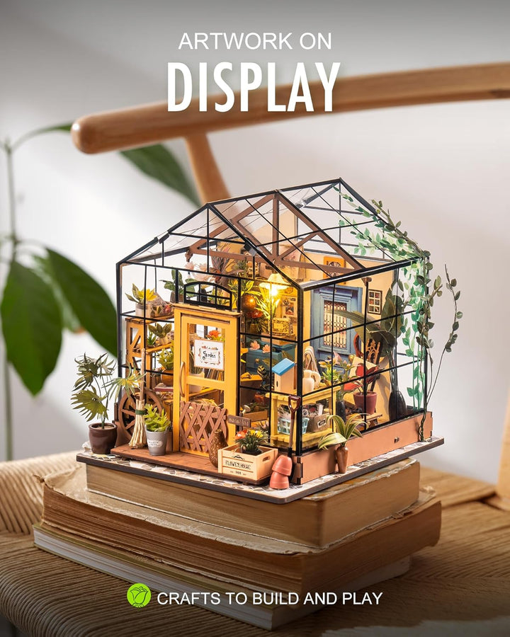 DIY Miniature House Kit Greenhouse, Tiny House Kit for Adults to Build, Mini House Making Kit with Furniture, Halloween/Christmas Decorations/Gifts for Family and Friends (Cathy'S Greenhouse)