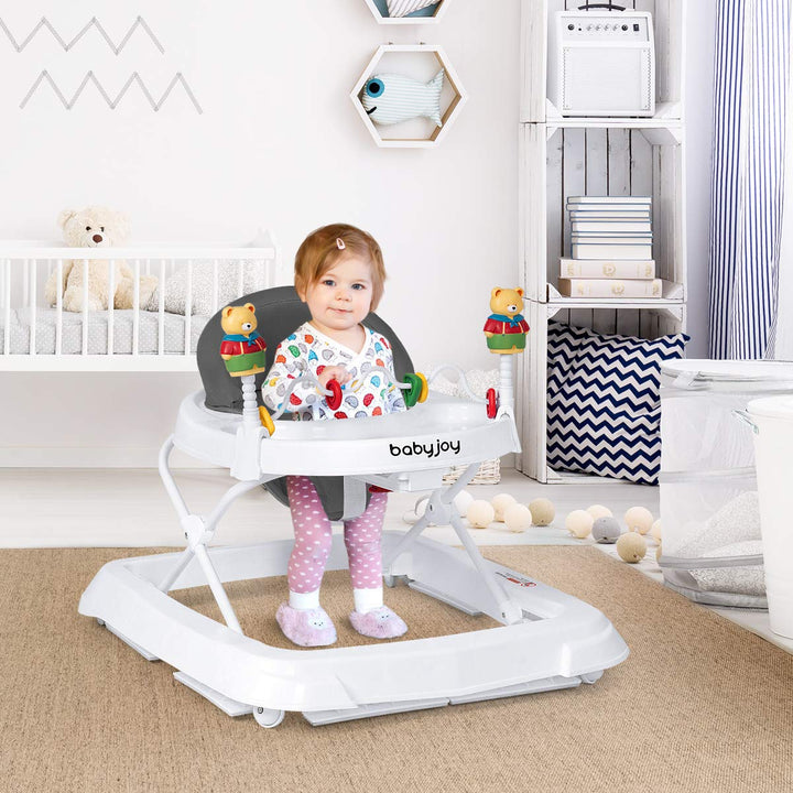 Baby Walker, Foldable Activity Walker with Adjustable Height, Large Tray & Removable Toys, Baby Walker with Wheels for Boys Girls 6-18 Months (Gray)