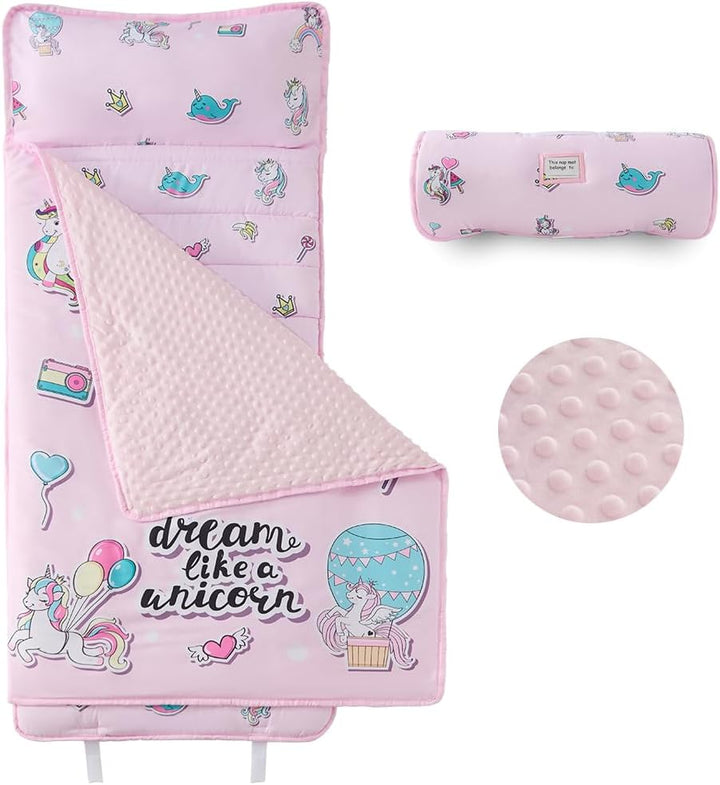 Toddler Nap Mat, Rollup Design Kid Sleeping Mat with Removable Pillow & Minky Blanket, Toddler Sleeping Bag for Daycare Preschool Travel Camping