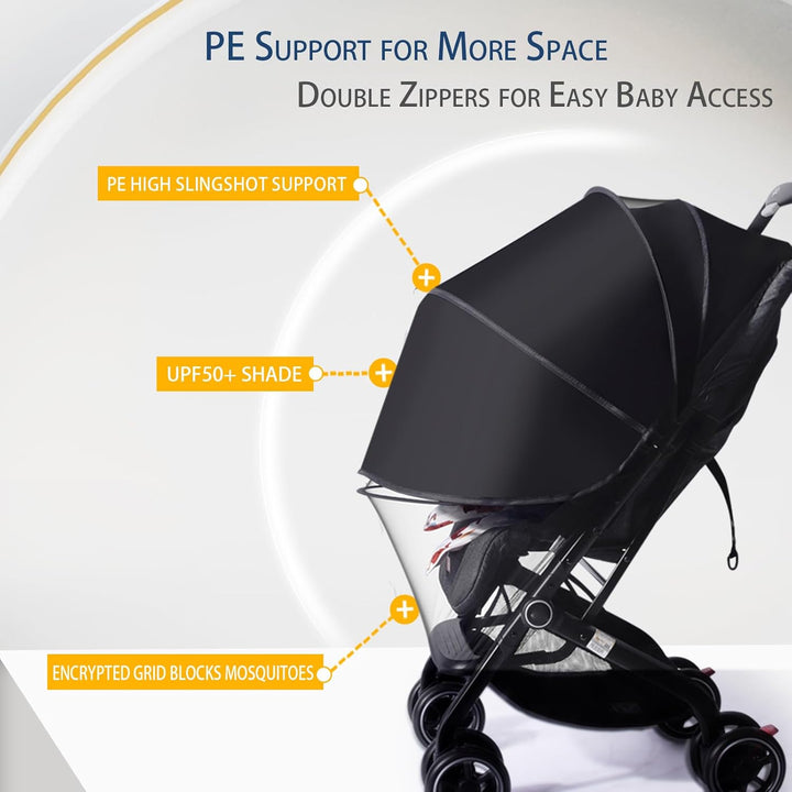 UPF50+ Sunshade Stroller Cover, Universal Breathable 3D Baby Mosquito Net, 2-In-1 Stroller Sun Shade with Two-Way Zipper, UV Protection, Privacy Netting for Stroller