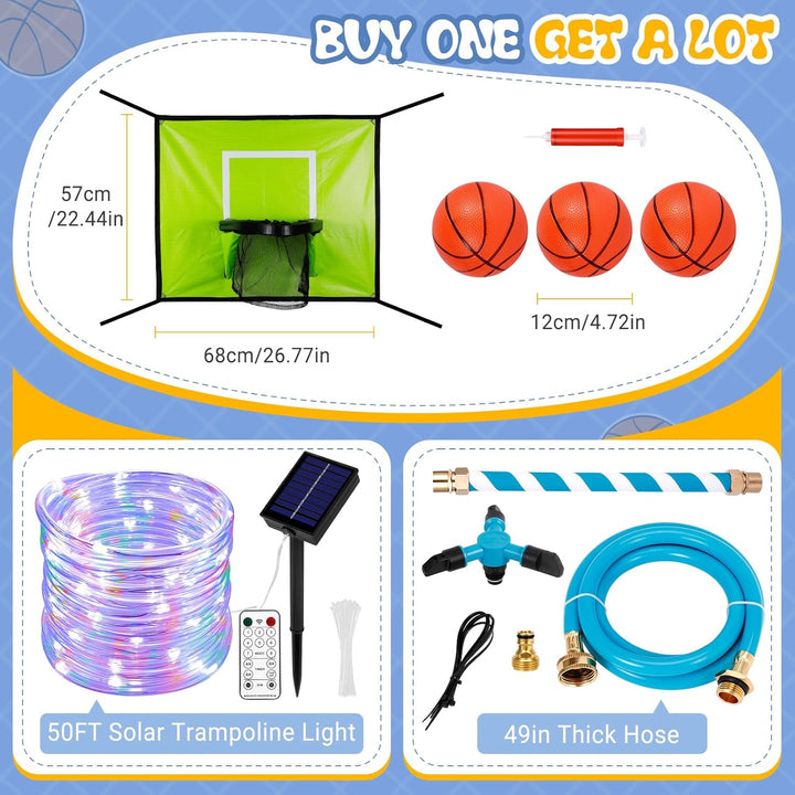 Trampoline Accessories Kit Kids, Trampolin Sprinkler/Basketball Hoop/50Ft Solar Lights, Fits 8 10 12 14 15 16FT Trampoline Outdoor with 3 Mini Basketballs, Non-Damaging to Net, Features 8 Light Modes