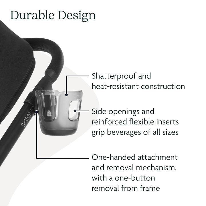 Cup Holder for Vista, Cruz, Minu Strollers - Quick, Intuitive Attachment + Removal - Securely Holds Various Size Beverages - BPA Free + Dishwasher Safe - Folds Attached