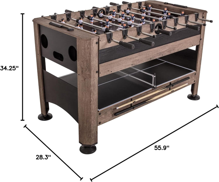 56” 4-In-1 Swivel Multi-Game Table - Air Hockey, Billiards, Foosball, Ping Pong - Rustic Wood Grain Finish, Brown