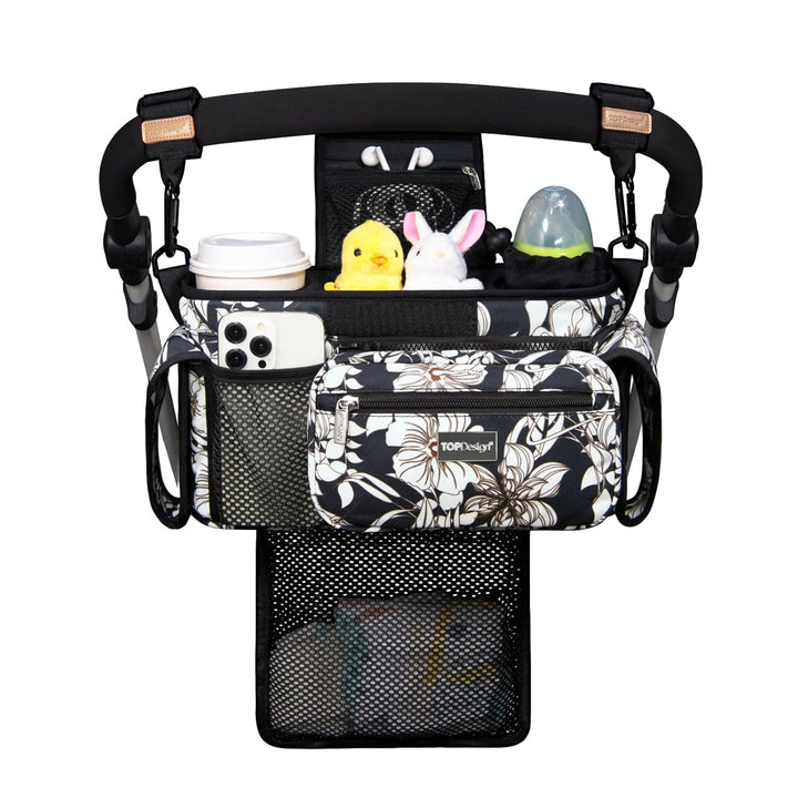 Universal Baby Stroller Organizer, Stroller Caddy with Detachable Mesh Bag & Heightened Insulated Cup Holders & Non-Slip Secure Hooks Accessories, Fits Most Strollers (Checkerboard)