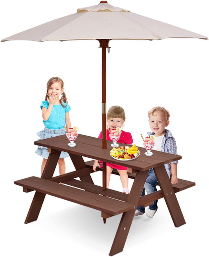 Kids Picnic Table, Fir Wood Kids Outdoor Table and Chairs with Removable Umbrella, Toddler Picnic Table for Patio, Backyard, Garden (Natural)
