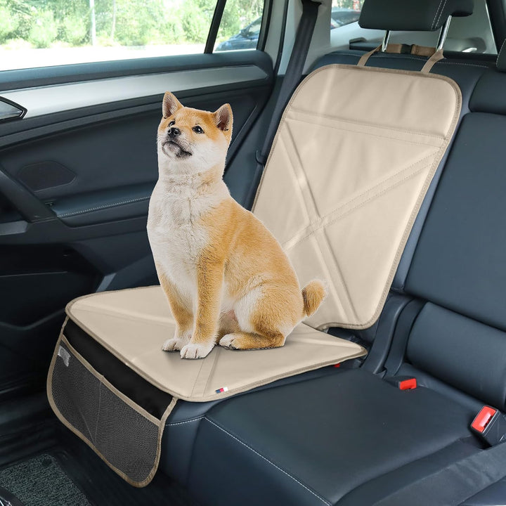 Car Seat Protector Leather Waterproof Child Safety Seat Protector Cover with Thick Pad and 2 Large Pockets Durable Kick Mat for All Auto Seat (Beige)