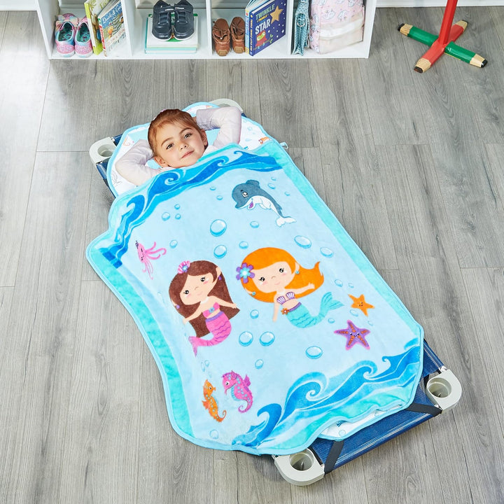 Toddler Nap Mat with Removable Pillow -Underwater Mermaids- Carry Handle with Fastening Straps Closure, Rollup Design, Soft Microfiber for Preschool, Daycare Sleeping Bag, Ages 2-6 Years
