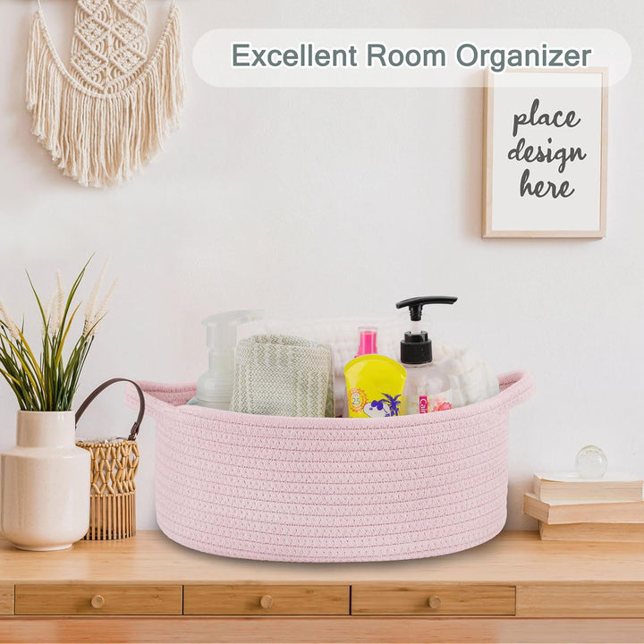 Small Woven Basket with Gift Bags and Ribbons, Gift Basket Empty, Cotton Rope Storage Organizer, Baby Toy Box with Handles, 12" X 8" X 5", Light Pink
