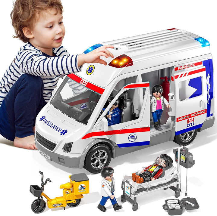 Play Ambulance Toy for Kids 3 4 5 6 7 8 Years Old - Friction Powered Truck with Light and Sound, Carrier Vehicle with Figures Toys, Gifts for Boys Girls Age 3-12