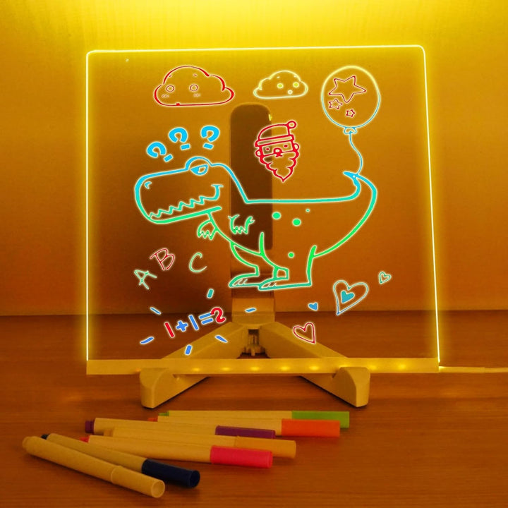 LED Note Board with Colors, 13.8"X10" 4 Modes & 7 Colors Led Acrylic Message Board with Light, Light up Acrylic Dry Erase Board, Led Drawing Board with Stand, Hanging Chain, 7 Markers, Spray Bottle