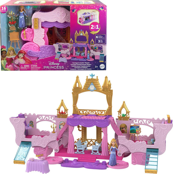 Disney Princess Toys, Carriage to Castle Transforming Playset with Aurora Small Doll, 4 Figures, Furniture & Accessories