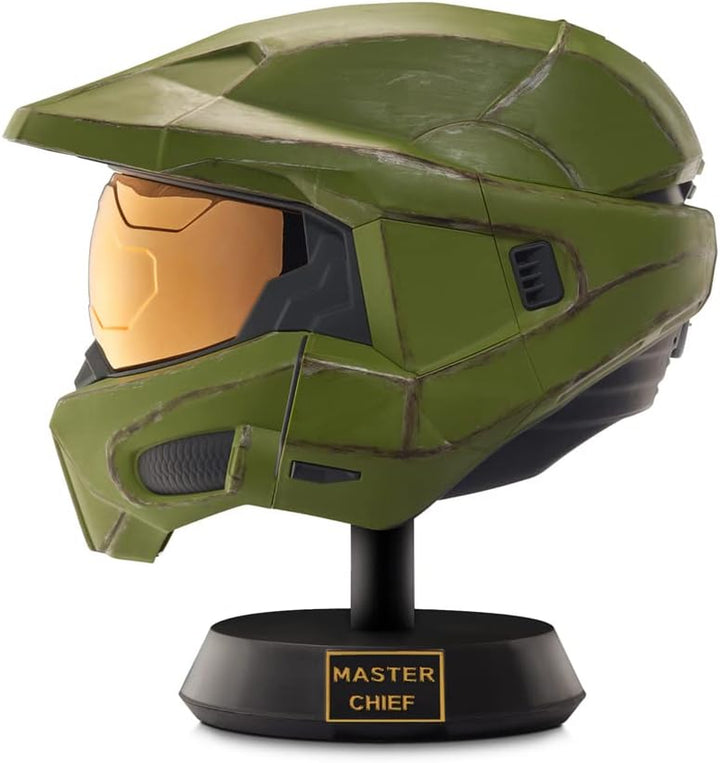 Master Chief Deluxe Helmet with Stand- Helmet with LED Lights on Each Side - Battle Damaged Paint - No SFX - One-Size-Fits-Most