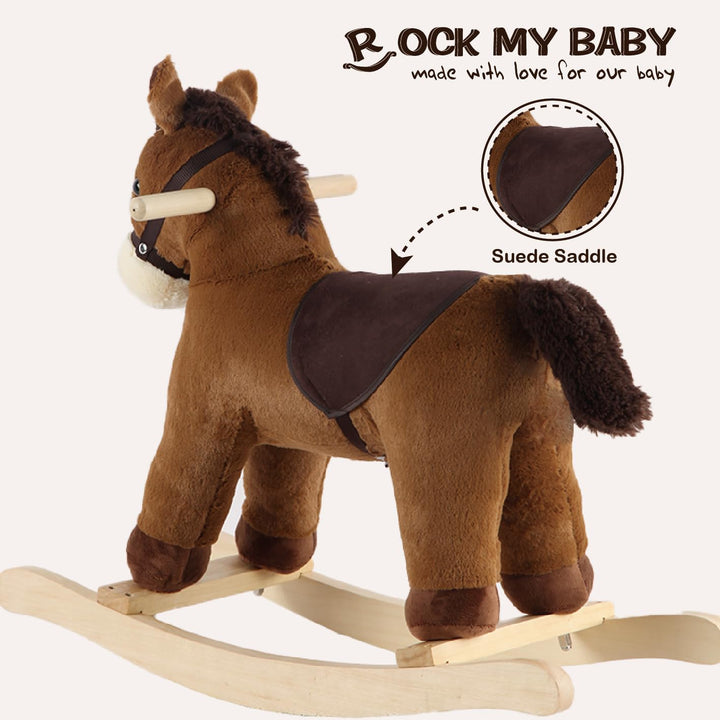 Rocking Horse, Dark Brown Horse Rocker for Toddlers 18M+, Plush Ride on Horse Toy with Realistic Sound,Soft Stuffed Filling, CPC Certified