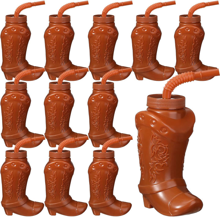 12 Pcs 10 Oz Plastic Cowboy Boot Cups with Straws and Lids Plastic Cowboy Cups for Western Themed Party Supplies and Rodeo Party Decorations (Brown)