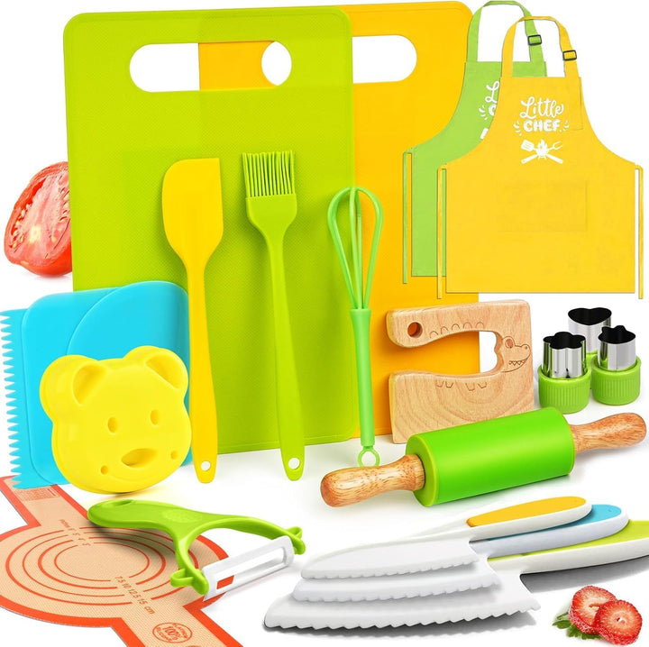 13 Pieces Montessori Kitchen Toys for Toddlers-Kids Cooking Sets Real-Toddler Toys Set for Real Cooking with Plastic Children Safe Knives Crinkle Cutter Kids Cutting Board
