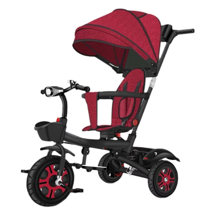 Folding Toddler Stroller Buggies, Parent Steering Tricycle with Pushrod, Children Pram Headlight and Shock Spring, Reversible Seat Guardrail Belt(Black Purple)