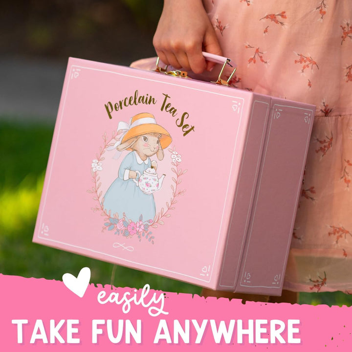 Porcelain Tea Set for Girls - White & Floral Tea Party Set for Kids I Complete Children Tea Sets with Carry Case, Teapot, Cups and More, Birthday Gift for Little Girls & Toddlers