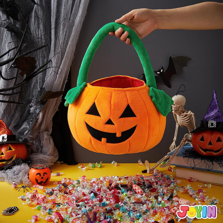 Halloween Pumpkin Plush Tote Bucket, 11 X 13.4 Inches Candy Trick or Treat Bag, Cute Halloween Basket with Handle for Kids Girl Boy Trick or Treating, Party Favor Supplies , Kids Gifts Goody Bag