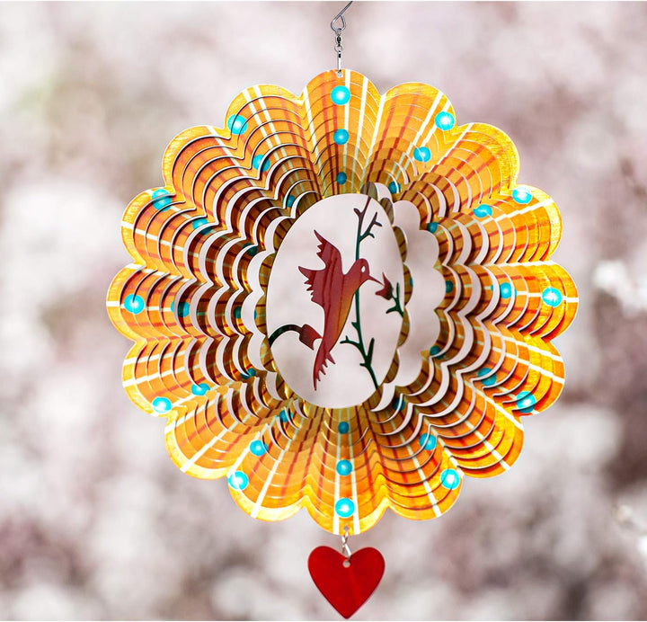 Wind Spinner - 12-Inch 3D Stainless Steel Lovebird Design with Heart Pendant - Laser Cut Metal Art Geometric Pattern - Hanging Kinetic Yard Garden Decor