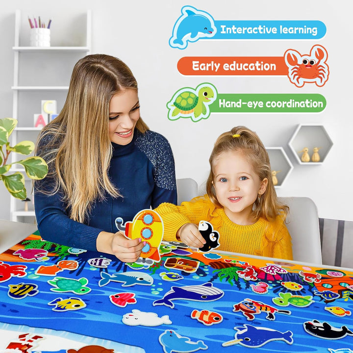 70 Pcs Ocean Felt Story Board Set, 43X28 Inch Interactive Felt Board, Fuzzy Flannel Board, Preschool Storytelling, Classroom Educational Learning Play Kit, Interactive Teaching Kit for 3 Years +