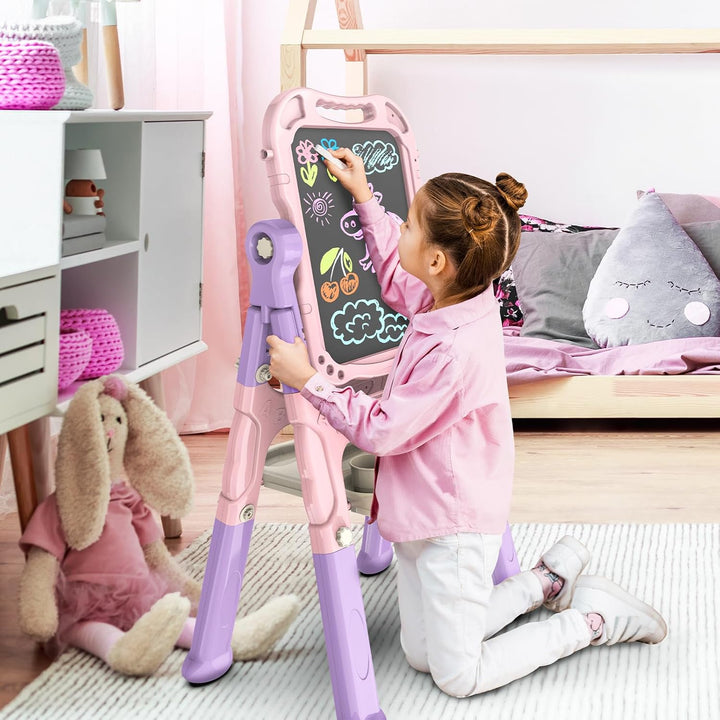 Easel for Kids, Adjustable Standing Art Easel for Toddler, Double Side White Chalk Board with Painting Accessories, Birthday Christmas Gift for Little Girls and Boy Age 3 4 5, Pink