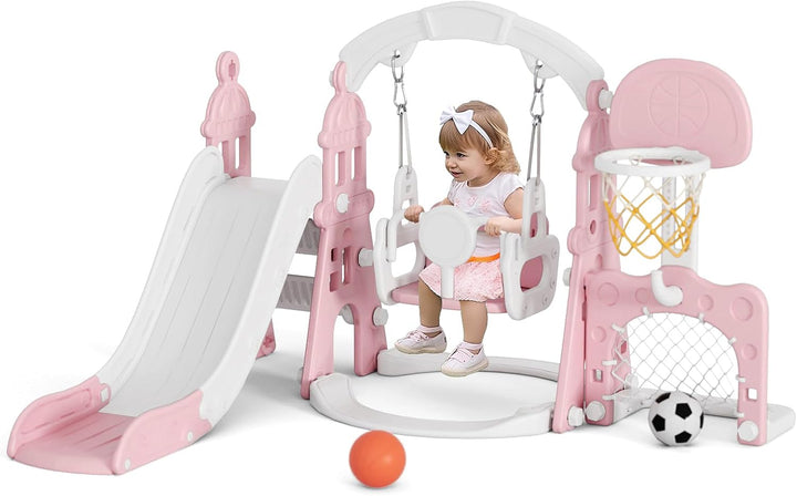 4-In-1 Kids Slide and Swing Set, Toddler Slide with Basketball Hoop, Swing, Outdoor Indoor Playground for Toddlers 1-3 (4 in 1-Pink)