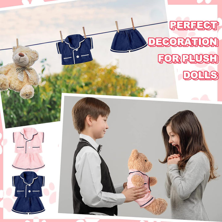 2 Sets Bear Clothes Stuffed Animal Accessories Pink and Blue Bear Pajamas Clothes Double Layer Muslin Short Sleeve Top and Bottom Pajamas Fits Most 14-18 Inch
