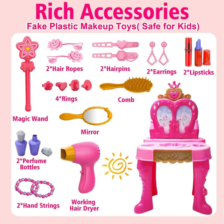 Toddler Vanity Magic Makeup Set Table and Chair Girl Toy Automatically Mirror with Music Light Pink Toys for 2 3 4 5 Year Old Girls Hair Salon Pretend Play Princess Dress up Playset Gift Toddler 1-3