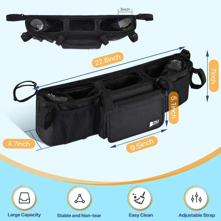 Double Stroller Organizer for Bob Duallie and Baby Jogger City Mini GT2, Double Baby Stroller Accessories with 2 Cooler Pockets, Parent Console Double Jogging Stroller Organizer(Empty Bag)