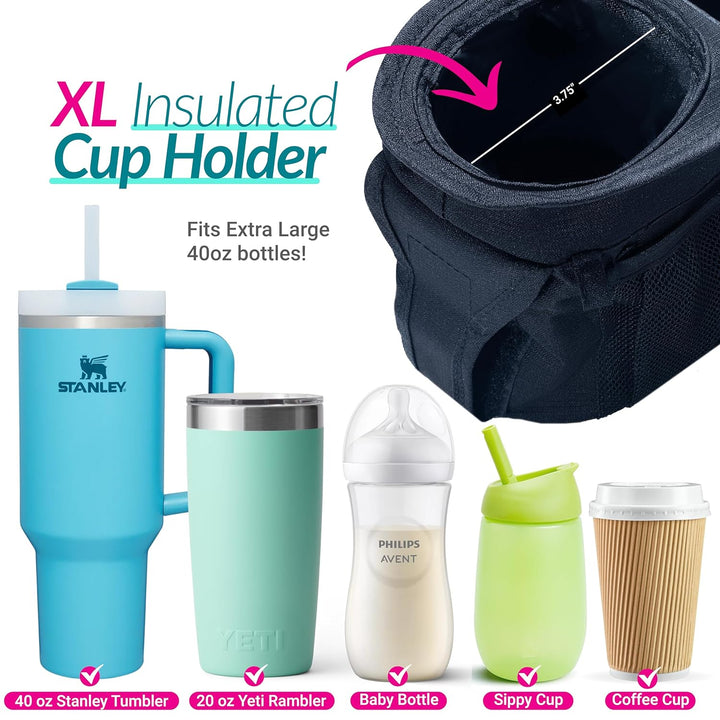 Stroller Caddy Organizer with Cup Holder, Non Slip Straps Bag for Phone, Pet Stroller Accessories, Universal Fits Uppababby Vista V2 Wonderfold Wagon, Doona and More