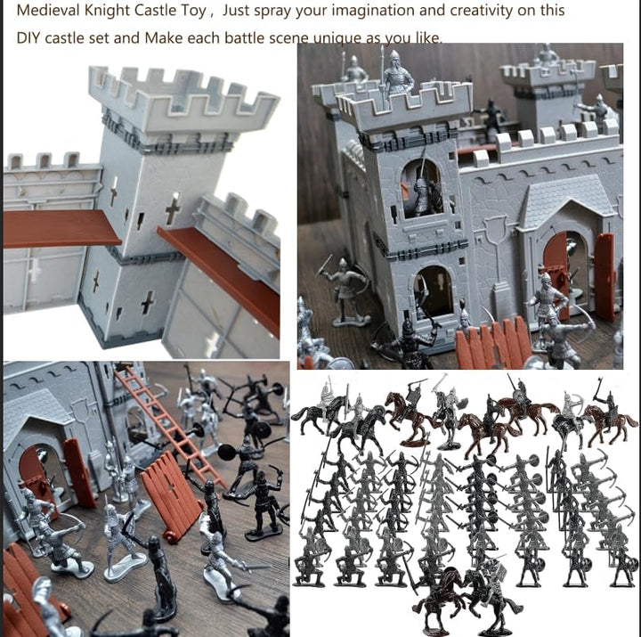Medieval Castle Knight Toy Soldier Army Figurines, DIY Assembled Cavalry, Arrow Tower,8 Knights and 8 Horse, 36 Soldiers, Simulated Siege War of Attack Castle Toy for Boys